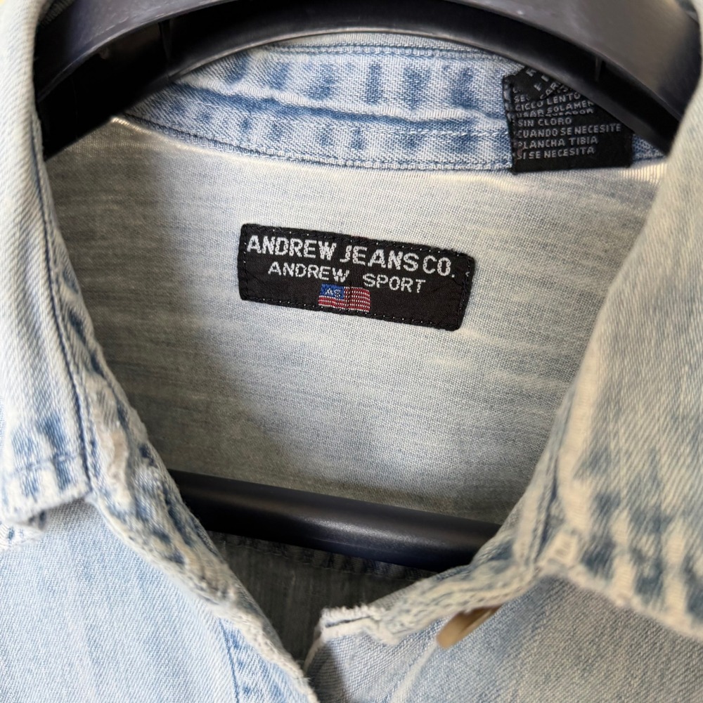 Andrew Jeans Co 90's Distressed Denim Button Down Shirt M/L Vintage - Picture 2 of 13